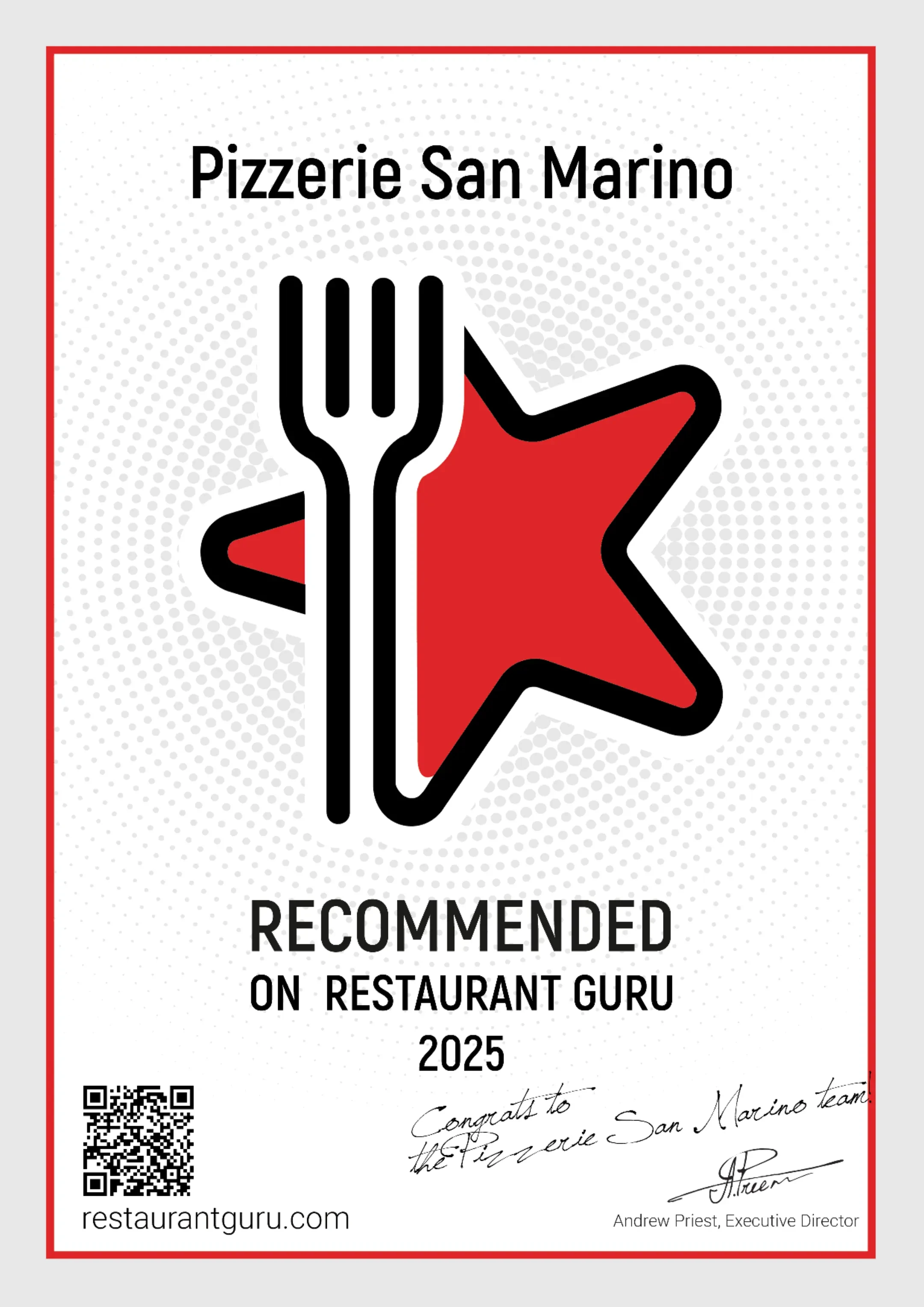 Pizzerie San Marino doporučena na Restaurant Guru i v roce 2025